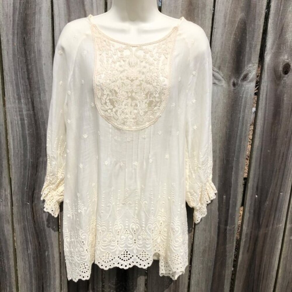Mother Linen Small Embroidered Boho Top Blouse Small Cream White Bib Lace
